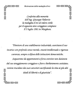 La motivazione della medaglia d'oro al valore civile (dal libro "Taliercio 10 anni dopo")