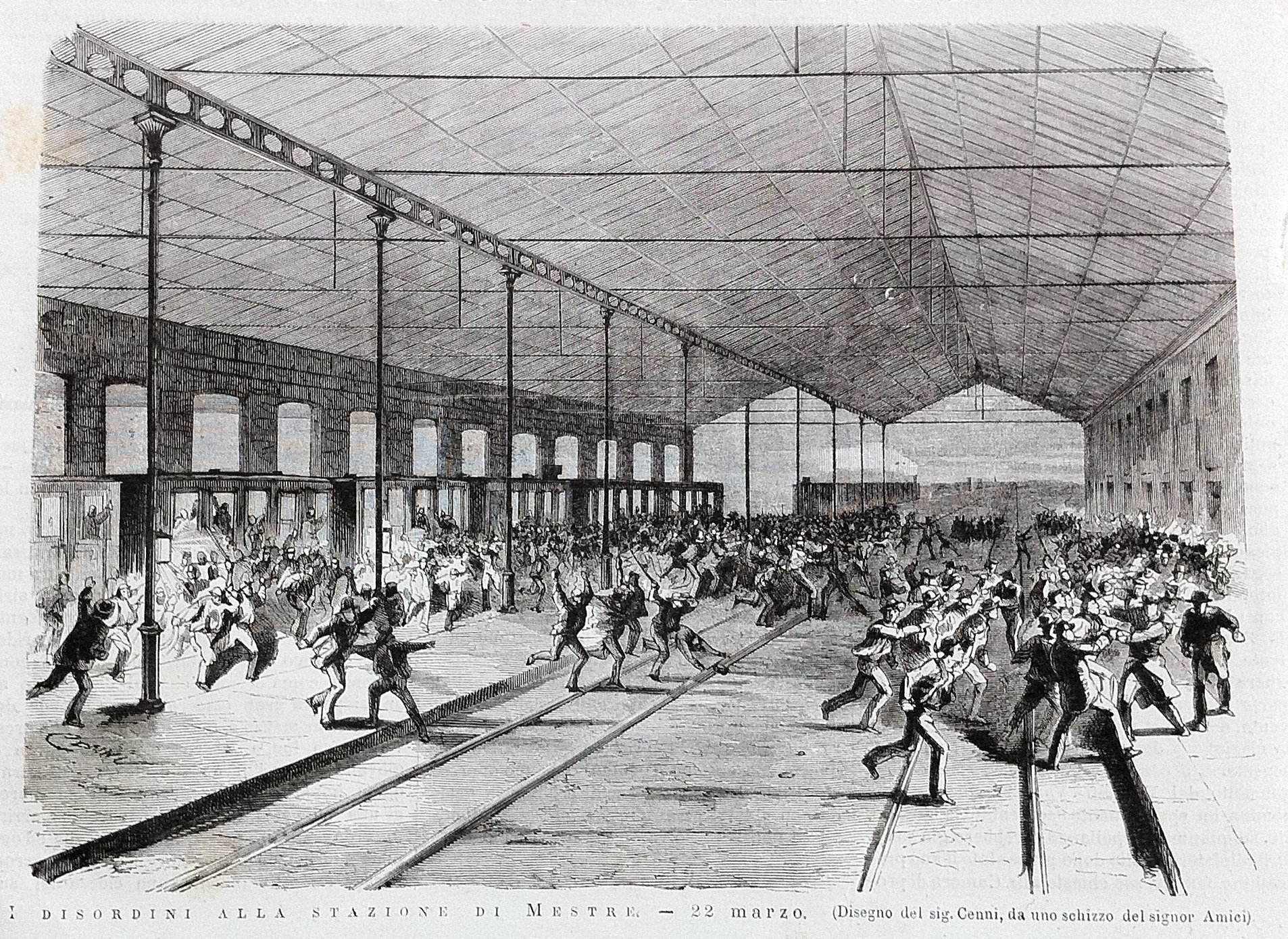Disordini alla stazione di Mestre, 1876 (disegno di Cenni/Amici, stampa Treves)
